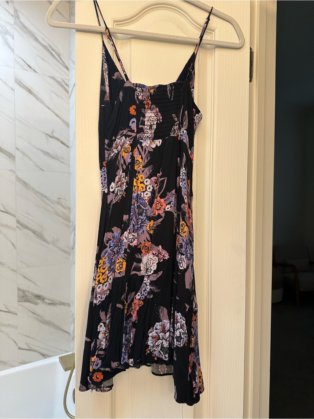 Free People Black Mini Dress with Purple & Orange Floral Print
